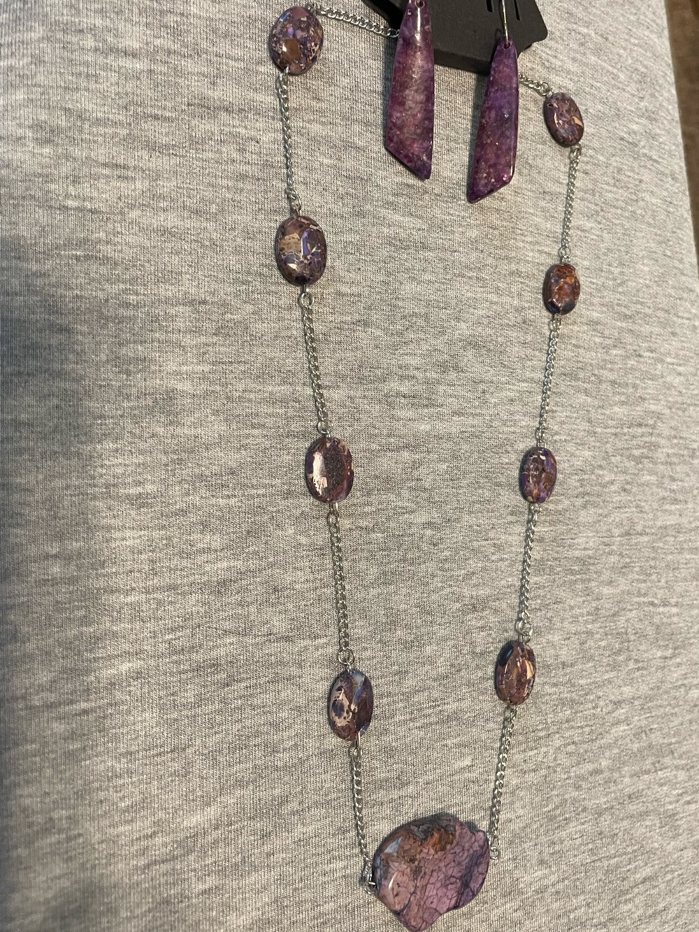 Purple Jasper Pendant, Silver Chain Necklace & Earring Set